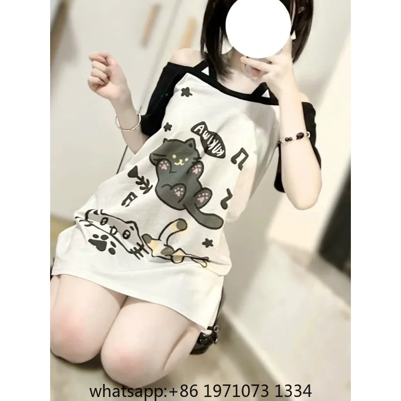Tee Graphic Print - Japon Patchwork Kadınlar için Açık Omuzlu