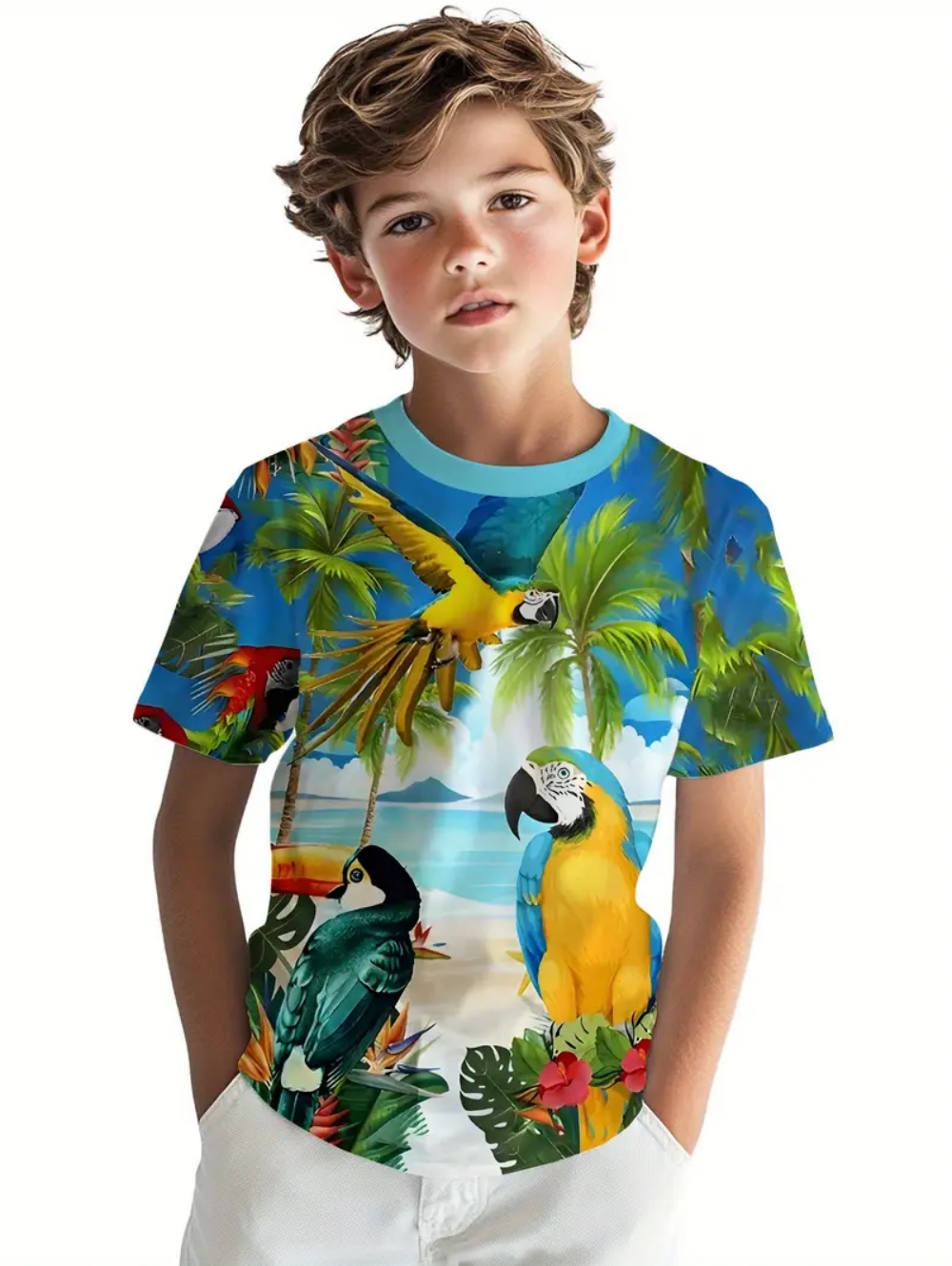 Tee Graphic Print - Çocuk Tropikal Amerika Papağanı Plaj Baskılı